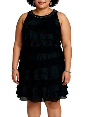 SL. Fashions Size 12 Dress Embellished Neck Tiered Ruffle Side Zip Black